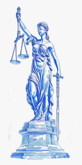 illustration of Lady Justice, blindfolded and holding balanced scales - obrazy, fototapety, plakaty