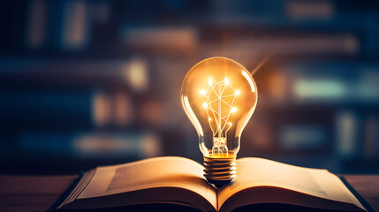 Glowing light bulbs on textbooks illuminate everything, learning and education concept - obrazy, fototapety, plakaty