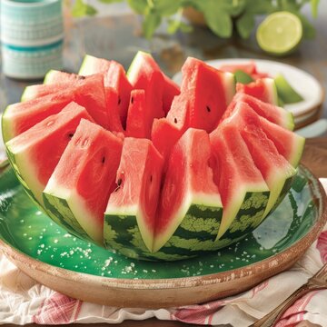 Healthy Lifestyle: Emphasize the theme of a healthy diet by showcasing the watermelon as a nutritious snack choice. Highlight its hydrating properties and low-calorie content. Generative AI