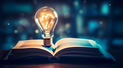 Glowing light bulbs on textbooks illuminate everything, learning and education concept