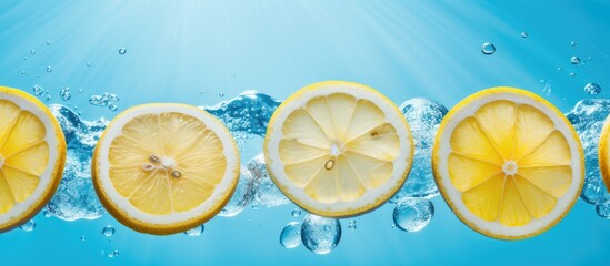 Lemon slices are seen floating in a clear glass of water, illuminated by sunlight with bubbles rising to the surface