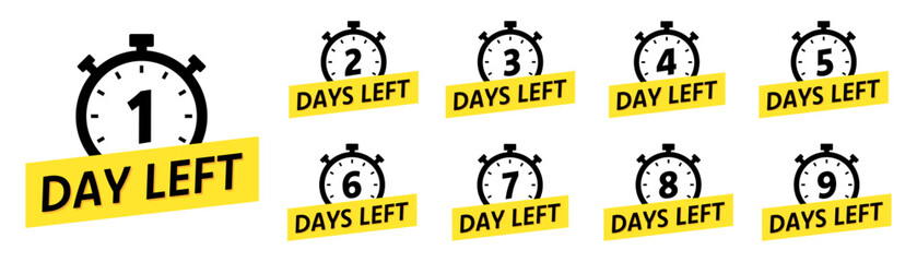 Fototapeta na wymiar Days left badges set. Countdown of days. Vector illustration.