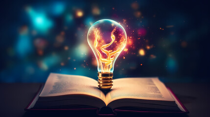 Glowing light bulbs on textbooks illuminate everything, learning and education concept