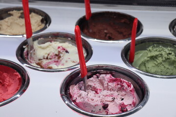 Display window of assorted ice cream flavours