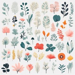 A collection of seamless pattern, colorful abstract plants and flowers. Hand drawn Collection of leaves and flowers. A close up of a pattern of flowers and leaves.
