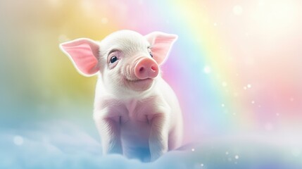 An adorable baby piglet sitting on white clouds with rainbow on blue sky background, showcasing its innocence and charm.