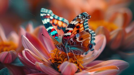 Beautiful butterfly on flower petals in colorful and highly detailed illustration. It can be used in lessons about insects, flowers, nature in books or use as wallpaper mobile phone screen, computer.