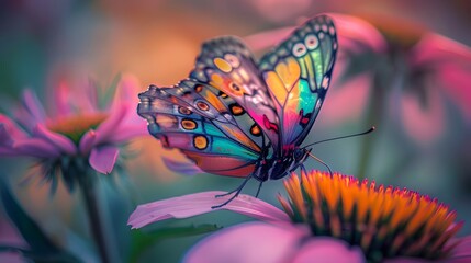 Beautiful butterfly on flower petals in colorful and highly detailed illustration. It can be used in lessons about insects, flowers, nature in books or use as wallpaper mobile phone screen, computer.