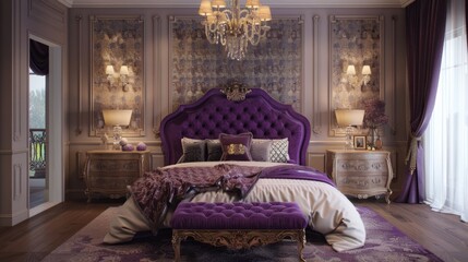 A purple bed with a headboard and foot board in the middle of a room, AI