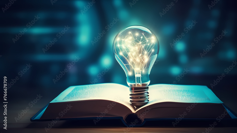 Wall mural light bulb and books, online education, concept, innovation concept