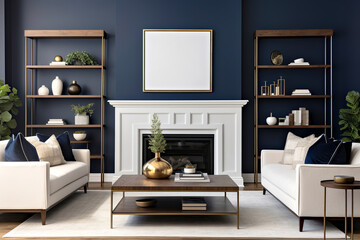 Art deco interior design of modern living room, home with fireplace and dark blue wall. - obrazy, fototapety, plakaty