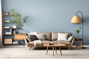 Scandinavian interior design of modern living room, home with blue wall. - 766679104