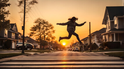 Mujer saltando de felicidad en medio de una calle a la puesta de sol