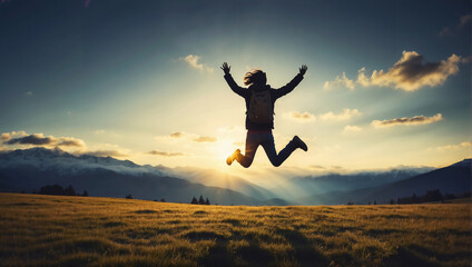 Mujer saltando de felicidad en lo alto de una montaña a la puesta de sol - obrazy, fototapety, plakaty