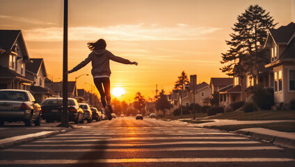 Mujer saltando de felicidad en medio de una calle a la puesta de sol