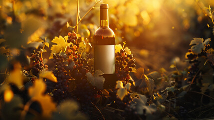 A Dark Wine Bottle Mockup with a Blank White Label and No Text - Nestled in a Bed of Grapevines at...