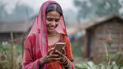 Indian Village Woman using a Mobile Phone - obrazy, fototapety, plakaty