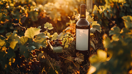 A Dark Wine Bottle Mockup with a Blank White Label and No Text - Nestled in a Bed of Grapevines at...