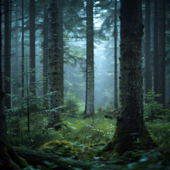 Mystical Forest in Misty Morning Light