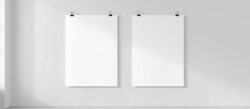 Mockup of two blank white posters hanging on clips in front of a white wall.