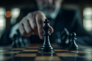 businessman’s decisive move with a chess king, showcasing strategic planning, leadership acumen, and critical thinking in business strategy and competitive success