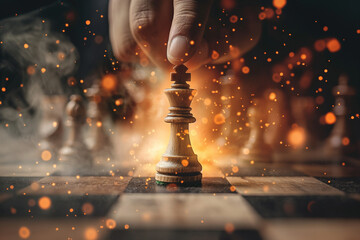 Strategic businessman making a king move in chess, illustrating vision, leadership, and strategic planning in a high-stakes business environment, emphasizing critical decision-making skills