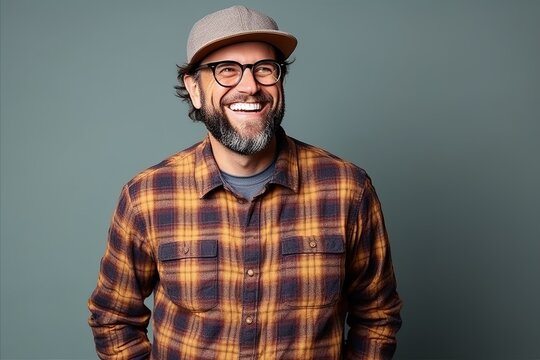Cheerful hipster man with hat and glasses. Studio shot.