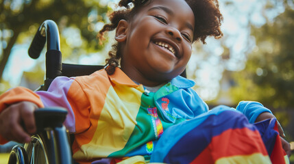 Happy young disabled black afro girl in wheelchair with rainbow flag during pride month. Child with mobility disability celebrating gay pride festival parade. Diverse equality inclusion. Copy space
 - obrazy, fototapety, plakaty