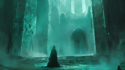 ancient attractive sorceress awake from bondage in the medieval castle interior. dark fantasy character concept art illustration painting. generative AI - obrazy, fototapety, plakaty