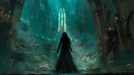 ancient attractive sorceress awake from bondage in the medieval castle interior. dark fantasy character concept art illustration painting. generative AI