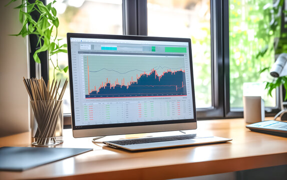 Desktop Computer Monitor with Business candle stick graph chart of stock market investment trading standing at work place at home.