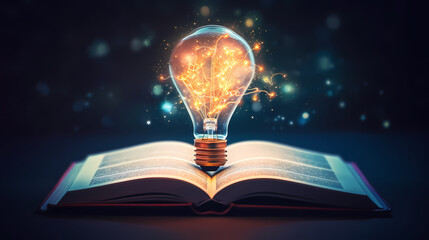 Light bulbs popping out of books as inspiration and innovative ideas