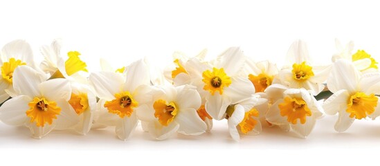 Narcissus flowers arranged in a spring floral border, set against a white backdrop. - obrazy, fototapety, plakaty