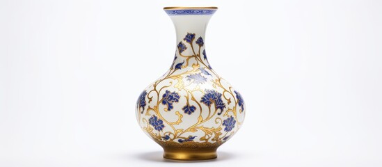 A stunning blue and white vase with flowers, made of porcelain, is displayed on a white background. This tableware piece is a beautiful artifact showcasing artistry and natural materials