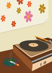 Vintage Record Player on Wooden Bench with Cigarette and Floral Poster