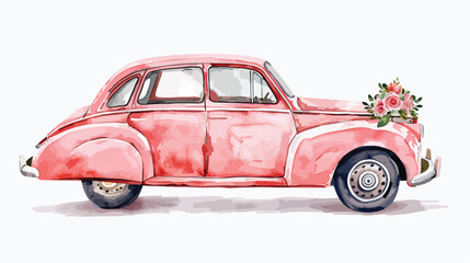 Vintage Just Married car illustration. Watercolor han - obrazy, fototapety, plakaty