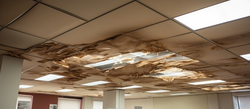 Water is leaking from the ceiling of the building, damaging the wood beams and fixtures. The flooring and window frames are also affected by the water damage