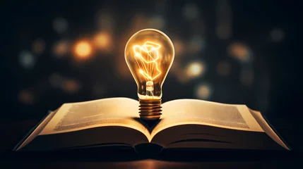 Foto op Plexiglas Glowing light bulb on book, reading inspiration concept, innovation idea © ma