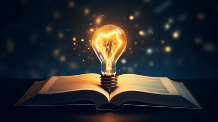 Glowing light bulb on book, reading inspiration concept, innovation idea