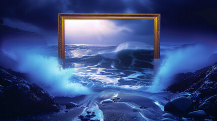 Portal to Tranquility: Ocean View through a Mystical Frame, Neon Effect, AI Generated