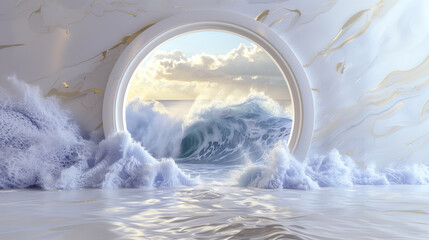 Marble Gateway: Roaring Sea within Serene White Stone, Ai Generative Art