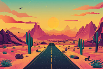 Groovy Desert Journey Illustration: A road disappearing into the horizon amidst a desert landscape with mountains, cacti, and coyotes, capturing the groovy sense of adventure - obrazy, fototapety, plakaty