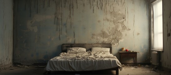 A solitary bed is placed in a room with a dingy and soiled wall, creating a stark contrast in the space