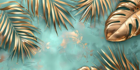 Palm leaves frame on turquoise and gold background, for wallpaper and product display - obrazy, fototapety, plakaty