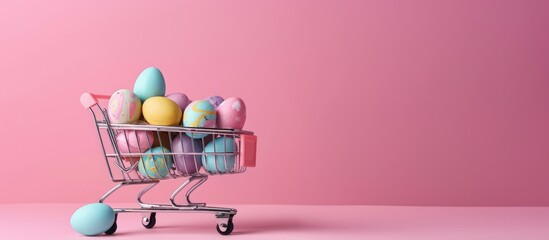 Shopping cart filled with Easter eggs on a pink backdrop with empty space. Easter shopping and discounts. - obrazy, fototapety, plakaty