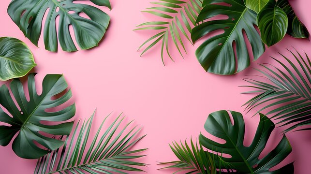 Pastel pink background with tropical leaf palm, monstera with a place for your product with copy space