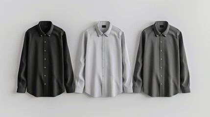 A set of shirt mockups in black, gray, and white versions, presented from the front for design applications