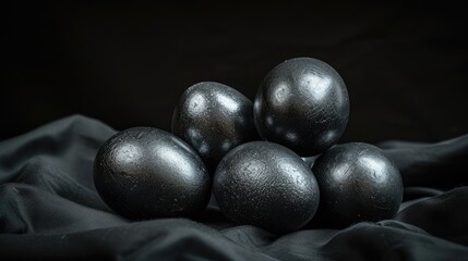Fototapeta na wymiar Silver metallic and black Easter Eggs on dark Background. Happy Easter eggs