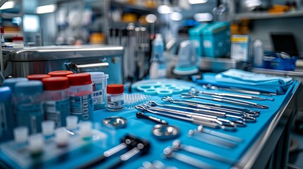 Dentist tools and equipment on a blue table with a blue background - obrazy, fototapety, plakaty