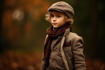 A portrait of a cute little boy wearing a hat and coat. Autumn fashion.